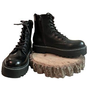 H&M Women's Lug Sole Ankle-high Boots Black Size 5 Lace Up Pull Loop At Back Zip